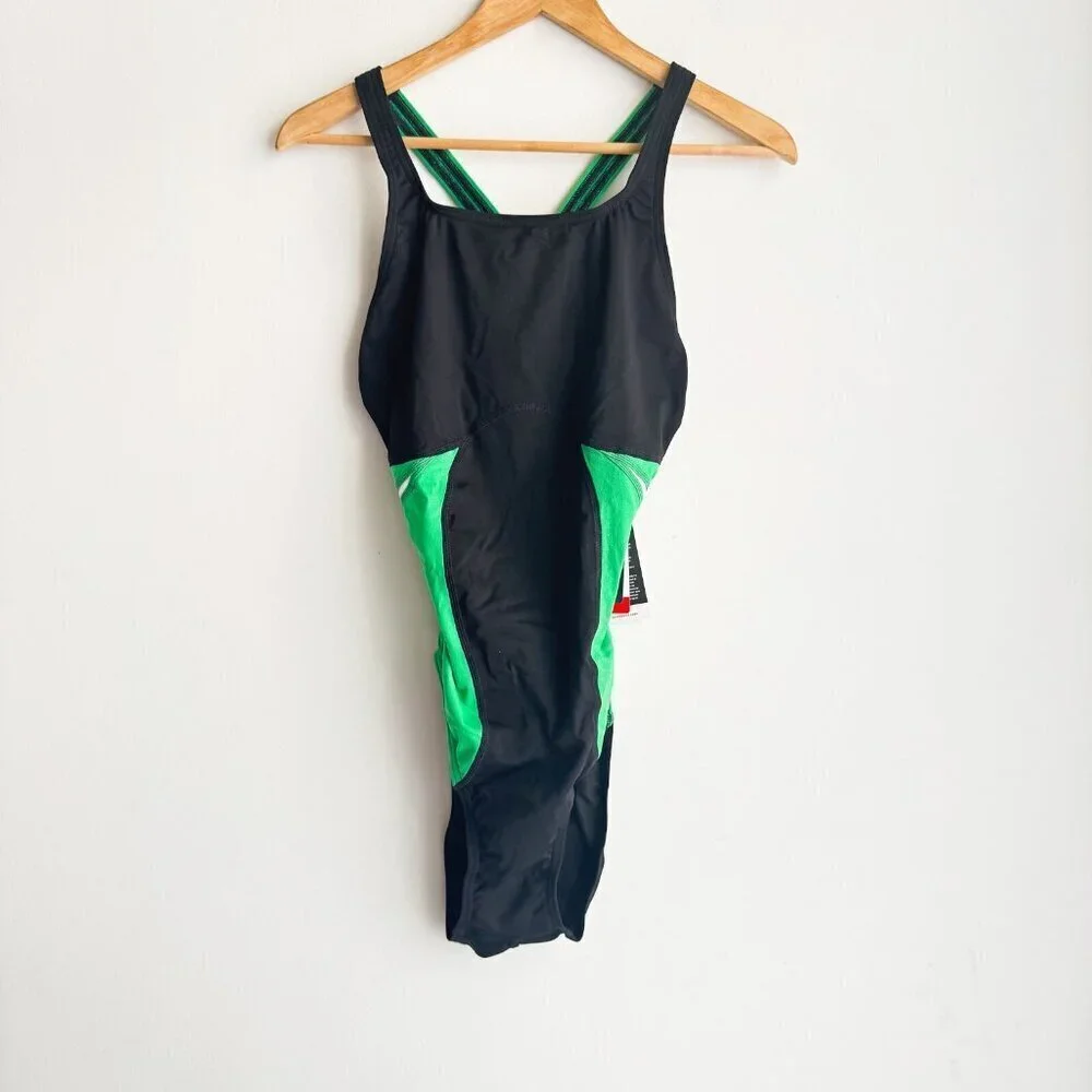 Speedo Endurance Black Green Color block Sports One Piece Swimsuit 12